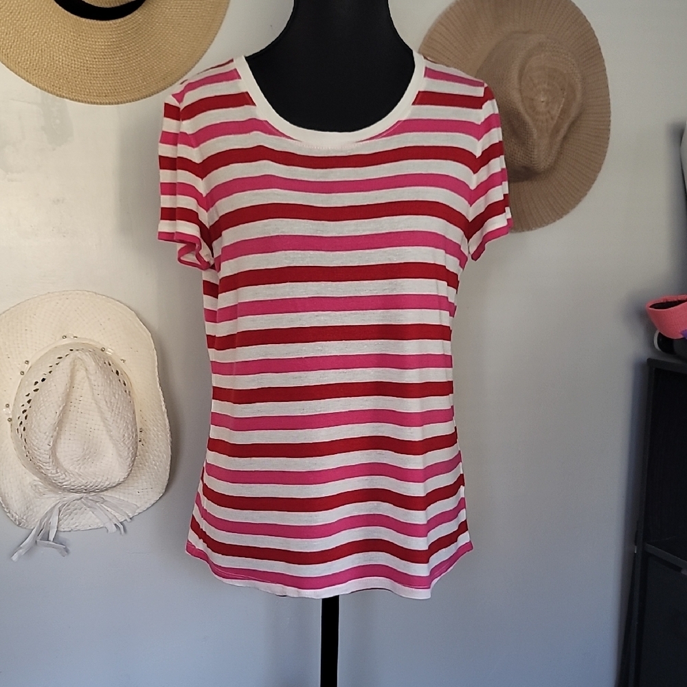 Talbots Red, Pink  and White Striped Short Sleeve Tee
